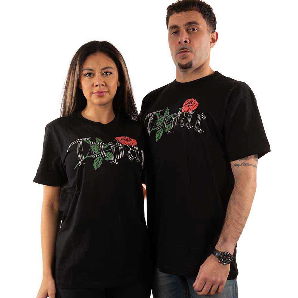Tupac Unisex T-Shirt: Rose Logo (Black) (Embellished)