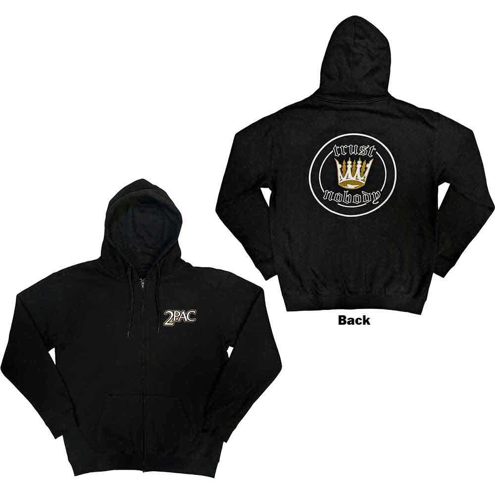 Tupac Unisex Zipped Hoodie: Crown Seal (Black) (Back Print)