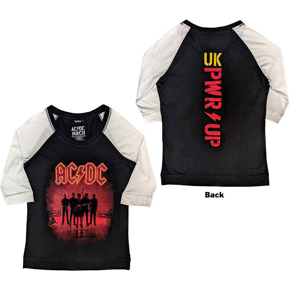 AC/DC Ladies Raglan T-Shirt: PWR-UP UK (Black & White) (Back Print)