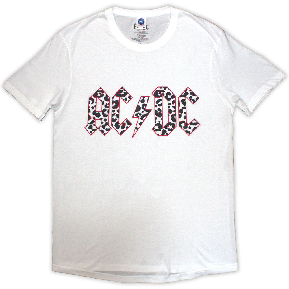 AC/DC Ladies T-Shirt: Mono Leopard Print Logo (White)