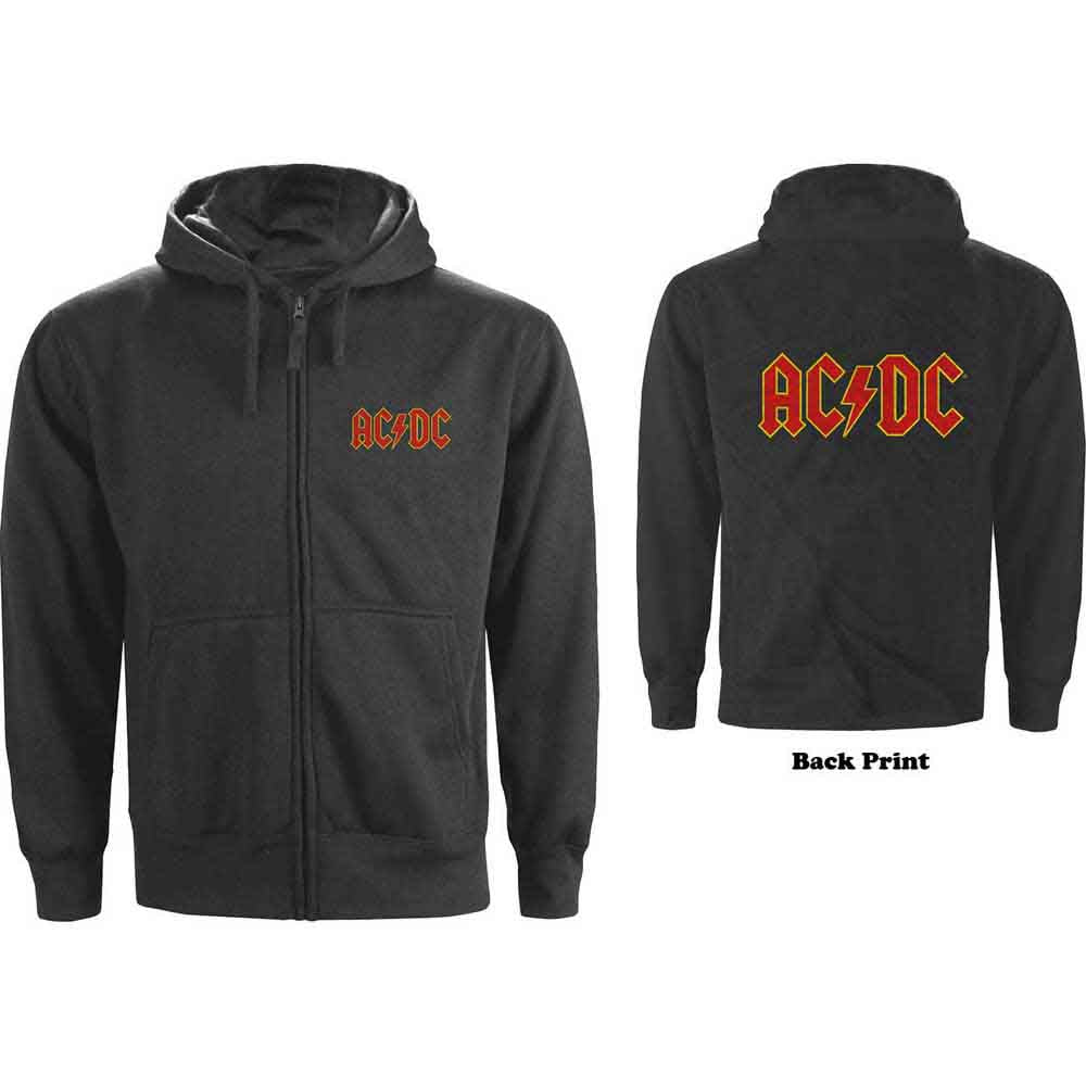 AC/DC Unisex Zipped Hoodie: Logo (Charcoal Grey) (Back Print)
