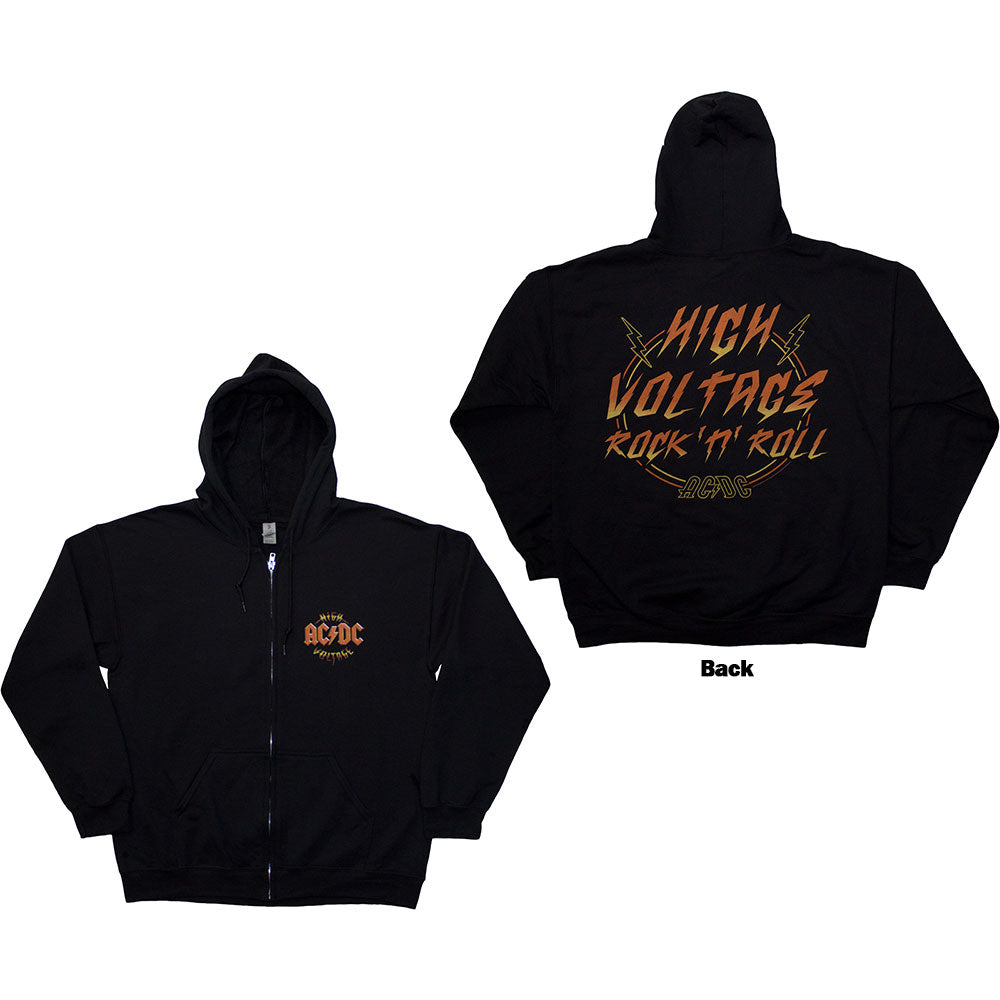 AC/DC Unisex Zipped Hoodie: High Voltage RnR (Black) (Back Print)