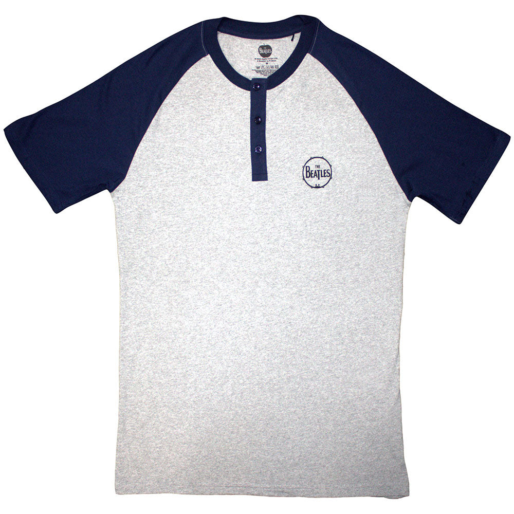 The Beatles Unisex Raglan T-Shirt: Mini Drum Logo (Grey & Navy Blue) (3 Button Collar)
