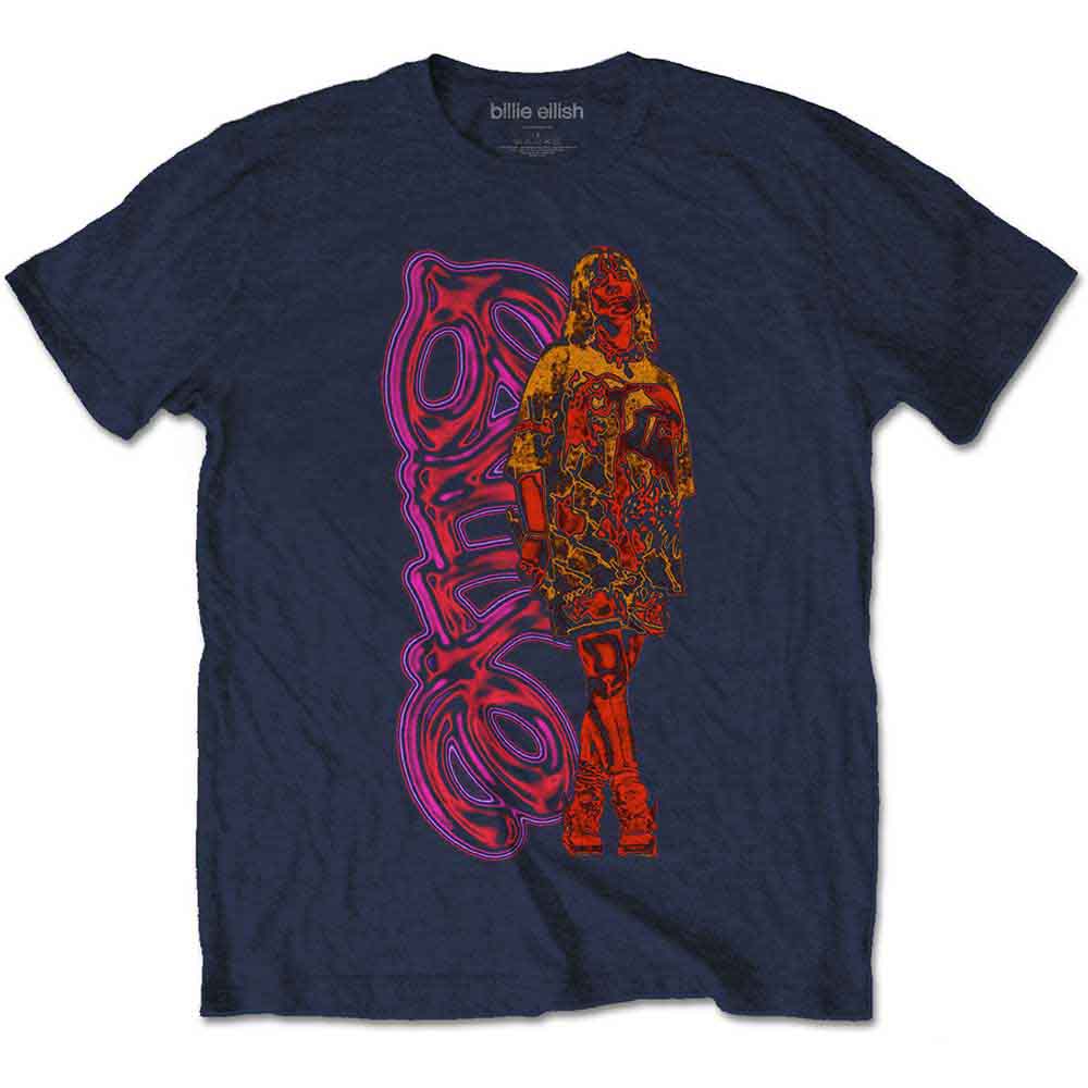 Billie Eilish Unisex T-Shirt: Neon Logo & Billie (Navy Blue)
