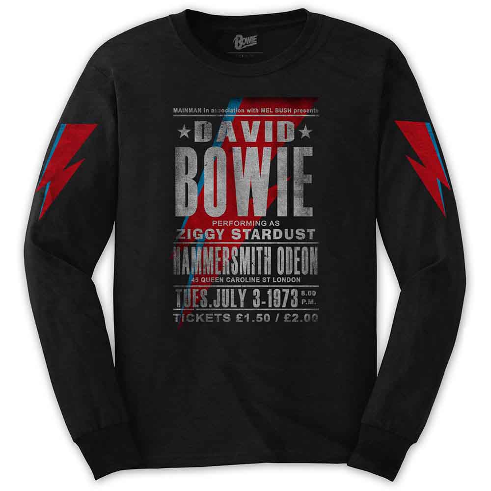 David Bowie Unisex Long Sleeve T-Shirt: Hammersmith Odeon (Black) (Sleeve Print)