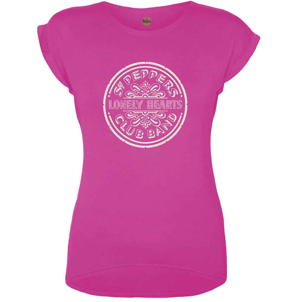 The Beatles Ladies T-Shirt: Sgt Pepper Drum White Caviar (Pink) (Embellished) (Large)