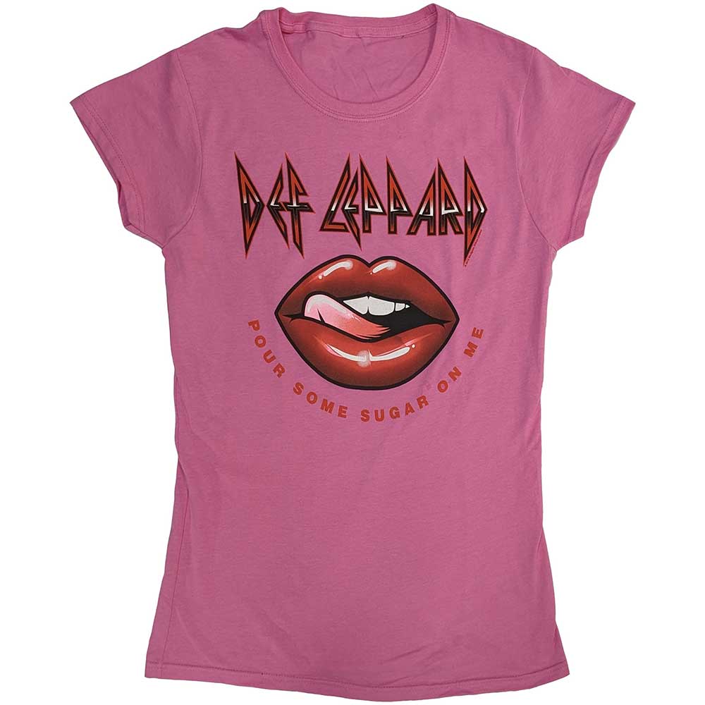 Def Leppard Ladies T-Shirt: Pour Some Sugar On Me Lips Tour 2019 (Pink) (Ex-Tour) (Small)