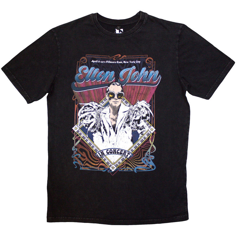 Elton John Unisex Stone Wash T-Shirt: Psych Vintage (Black)