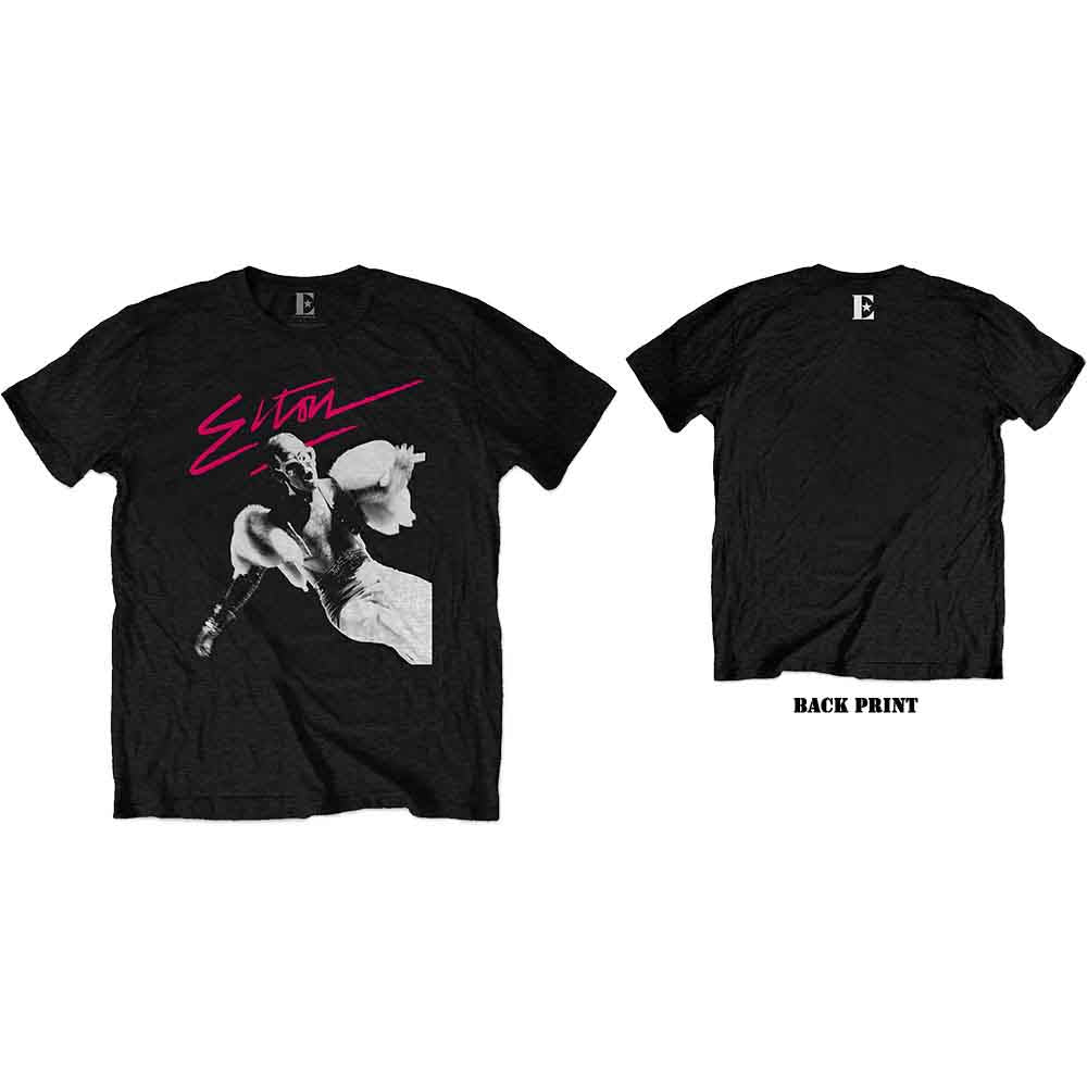 Elton John Unisex T-Shirt: Pink Brush (Black) (Back Print)
