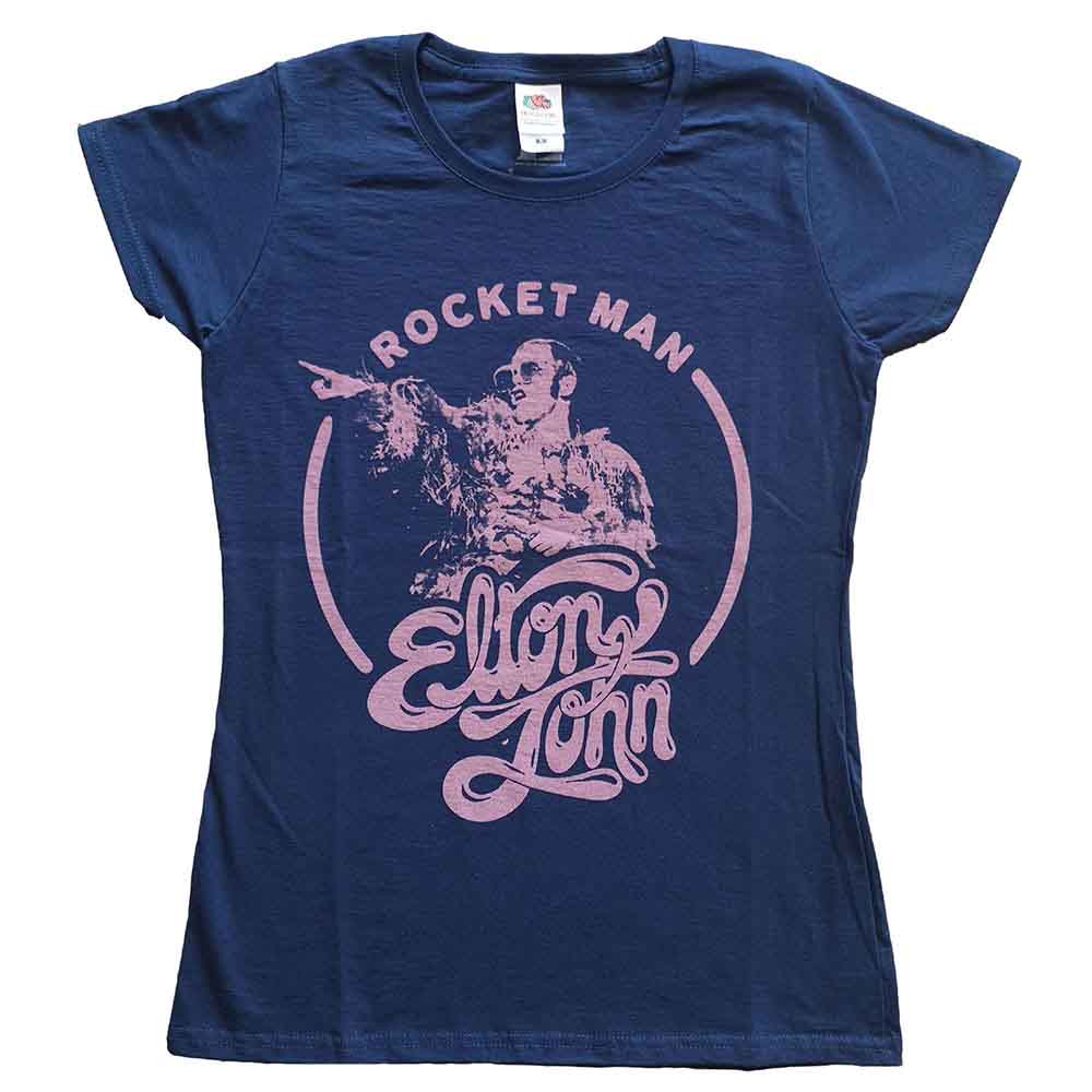 Elton John Ladies T-Shirt: Rocketman Circle Point (Navy Blue)