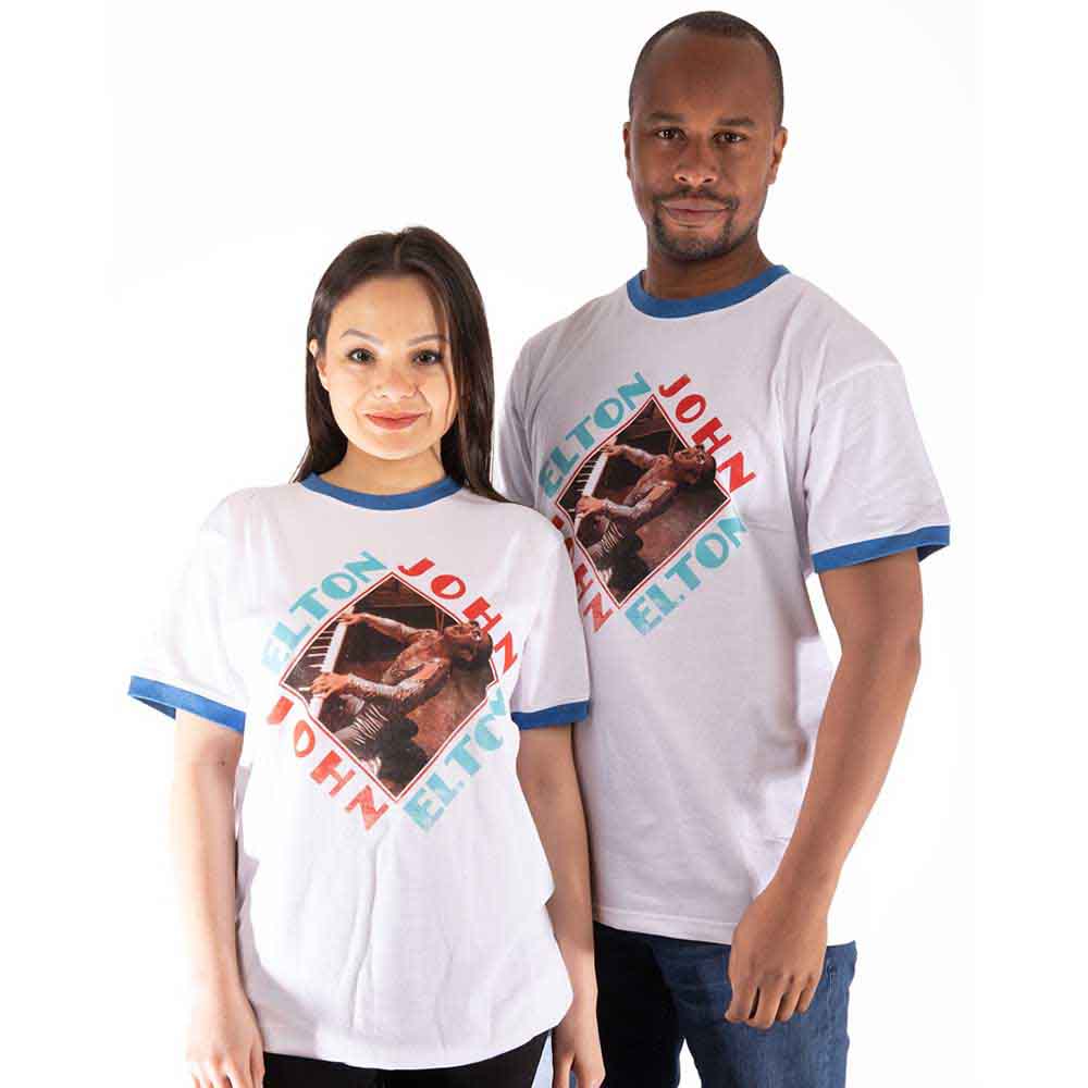 Elton John Unisex Ringer T-Shirt: Piano Diamond (White)