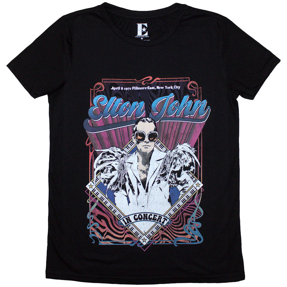 Elton John Ladies T-Shirt: Psych Vintage (Black)