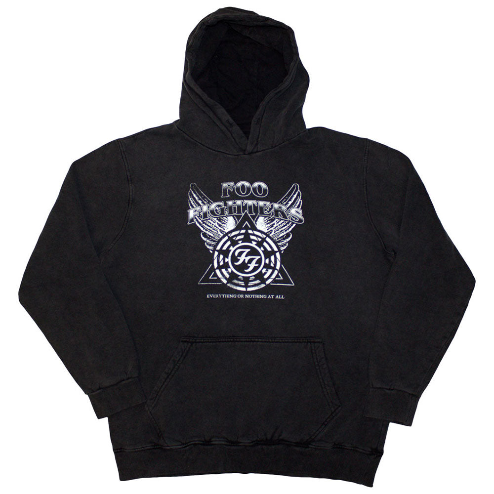 Foo Fighters Unisex Stone Wash Pullover Hoodie: Everything Or Nothing At All Logo (Charcoal Grey) (Wash Collection)