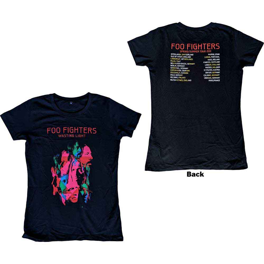 Foo Fighters Ladies T-Shirt: Wasting Light 2011 European Tour (Black) (Back Print & Ex-Tour) (Small)