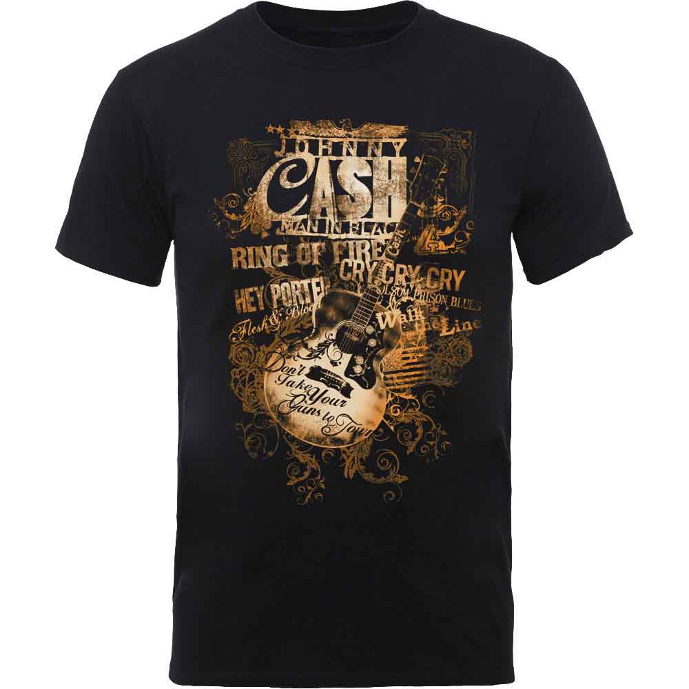 Johnny Cash Unisex T-Shirt: Guitar Song Titles (Black)