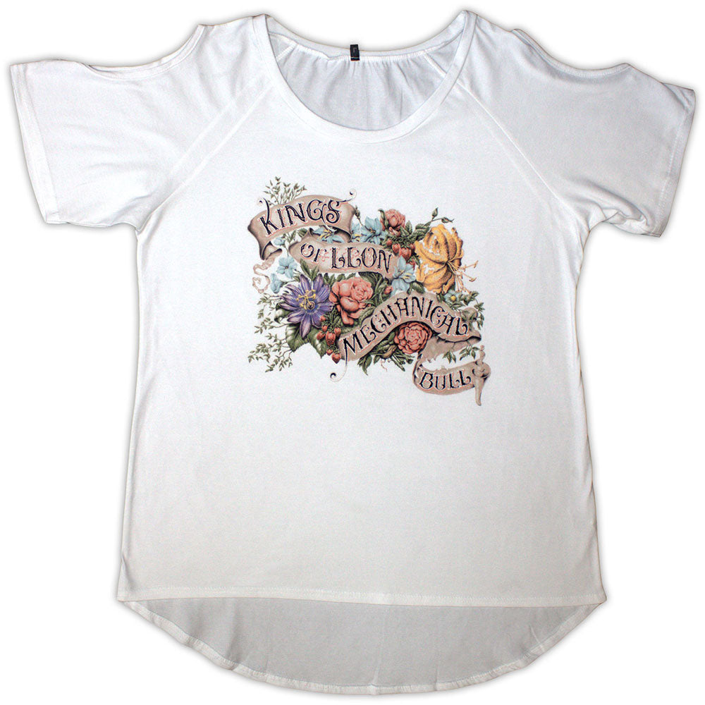 Kings of Leon Ladies Cold Shoulder T-Shirt: Flowers (White)