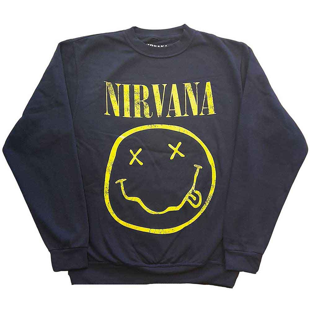 Nirvana Unisex Sweatshirt: Yellow Happy Face (Navy Blue)