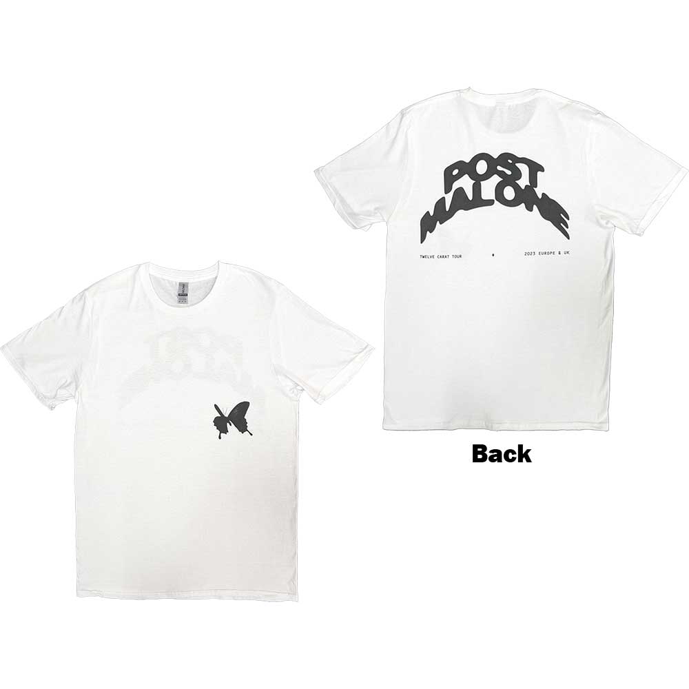 Post Malone Unisex T-Shirt: Curved Logo 2023 Tour (White) (Back Print & Ex-Tour)