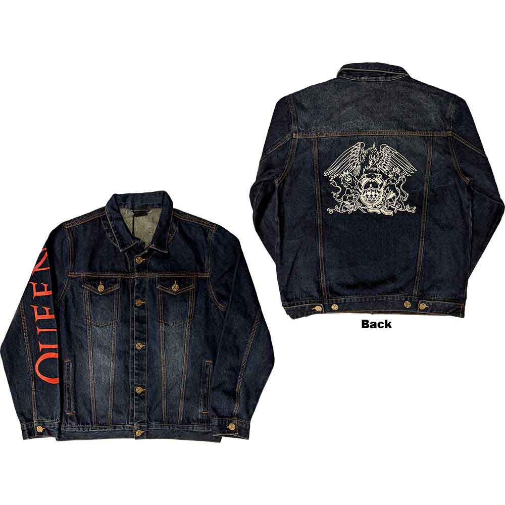 Queen Unisex Denim Jacket: White Crest (Denim Blue) (Back Print)