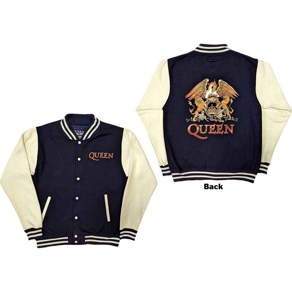 Queen Unisex Varsity Jacket: White Crest (Navy Blue & White) (Back Print)