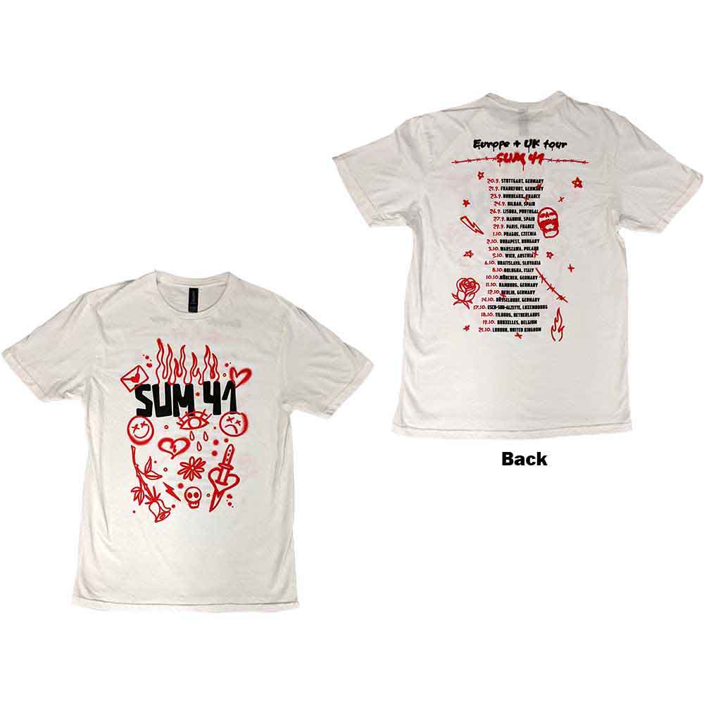 Sum 41 Unisex T-Shirt: Sketches European Tour 2022 (White) (Back Print & Ex-Tour) (Small)