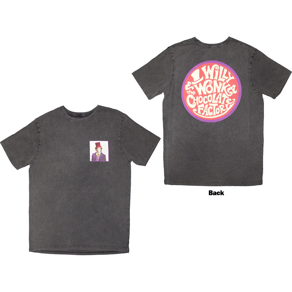 Willy Wonka Unisex Stone Wash T-Shirt: Logo Emblem (Charcoal Grey) (Back Print)