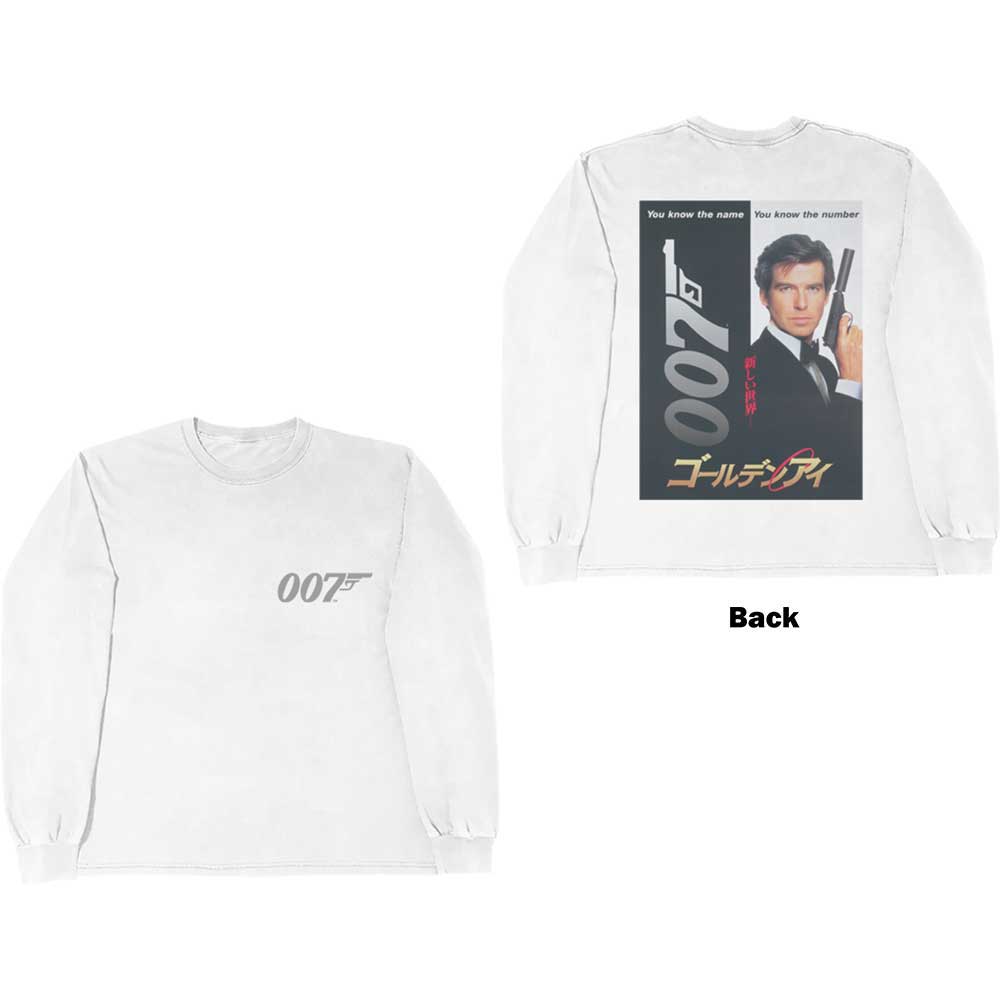 James Bond 007 Unisex Long Sleeve T-Shirt: Goldeneye Japanese Poster (White) (Back Print)