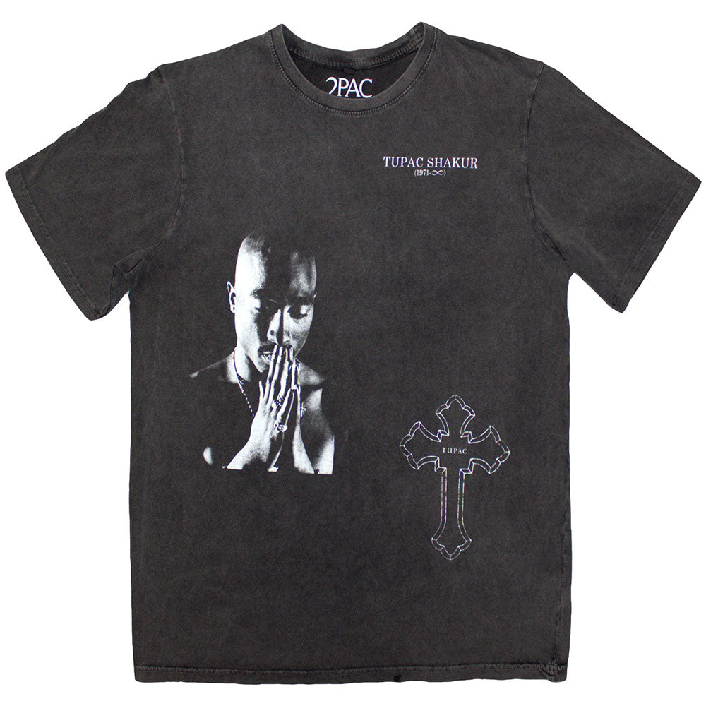 Tupac Unisex Stone Wash T-Shirt: Photo Cross (Charcoal Grey)
