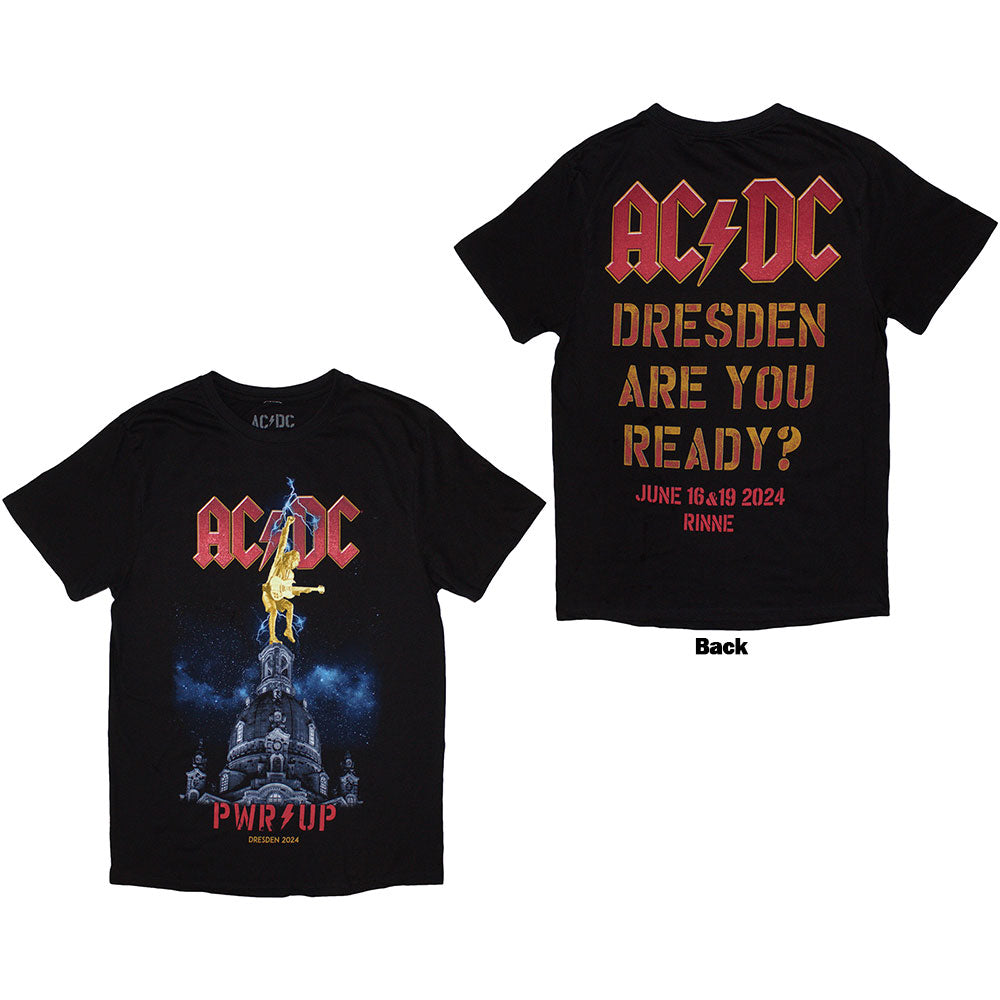 AC/DC Ladies T-Shirt: PWR-UP Dresden '24 (Black) (Back Print & Ex-Tour) (Small)