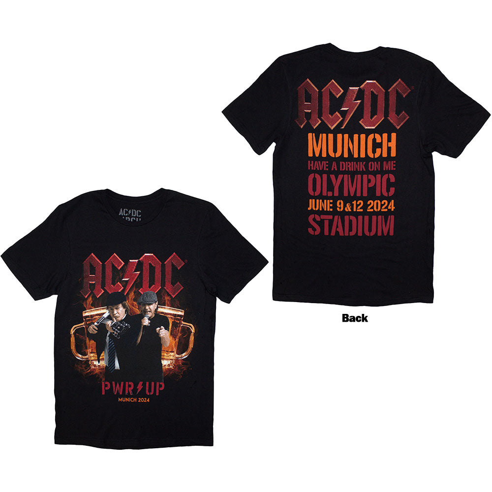AC/DC Unisex T-Shirt: PWR-UP Munich '24 (Black) (Back Print & Ex-Tour) (Small)