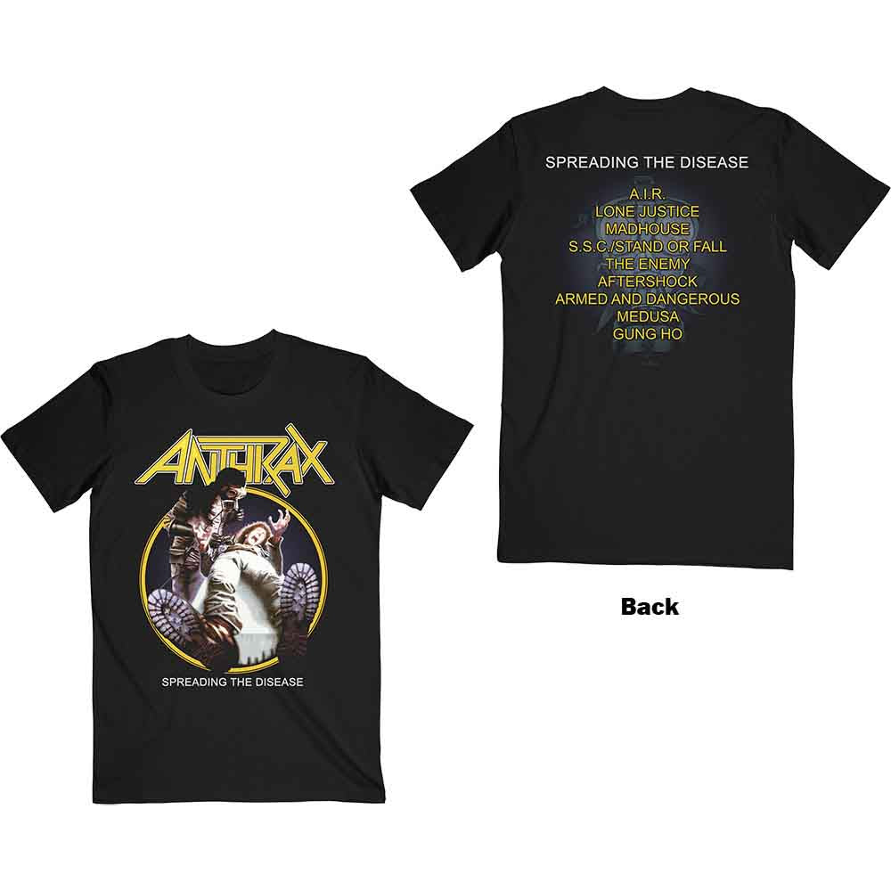 Anthrax Unisex T-Shirt: Spreading The Disease Track list (Black) (Back Print)