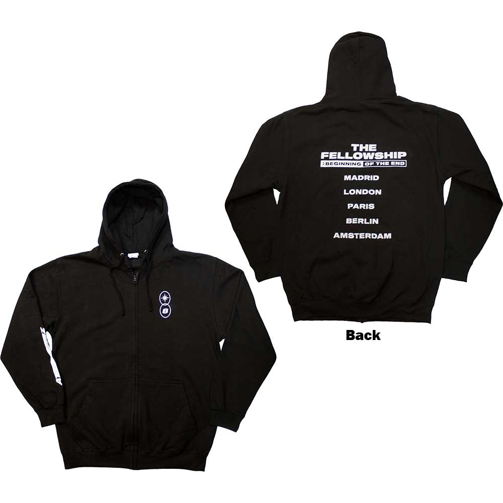 ATEEZ Unisex Zipped Hoodie: Fellowship Tour Euro (Black) (Back Print & Ex-Tour)