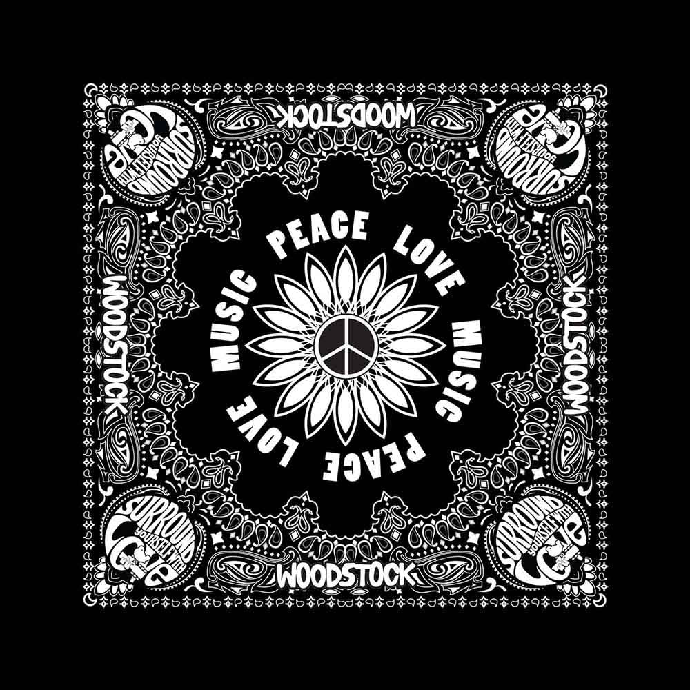 Woodstock Unisex Bandana: Peace, Love & Music (Black)