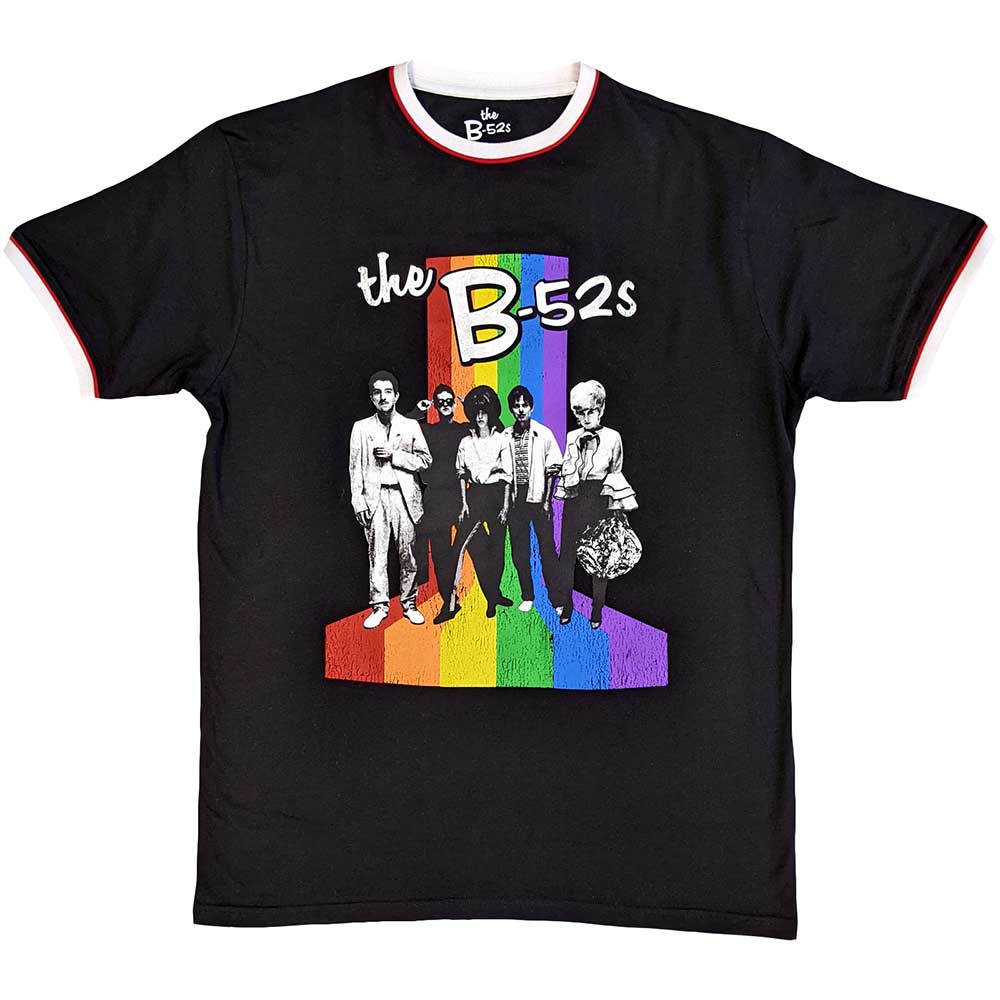 B52s Unisex Ringer T-Shirt: Rainbow Stripes (Black)