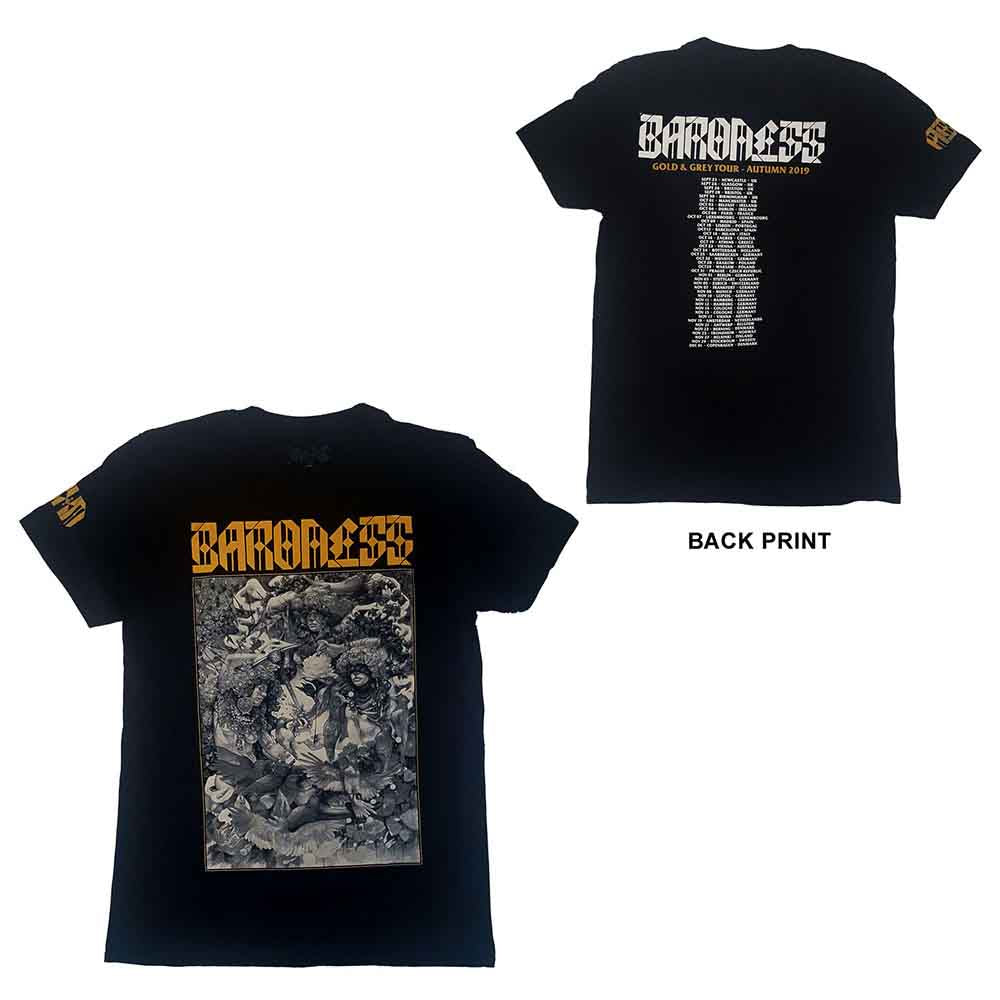 Baroness Unisex T-Shirt: Gold & Grey Date back (Black) (Back Print & Ex-Tour)