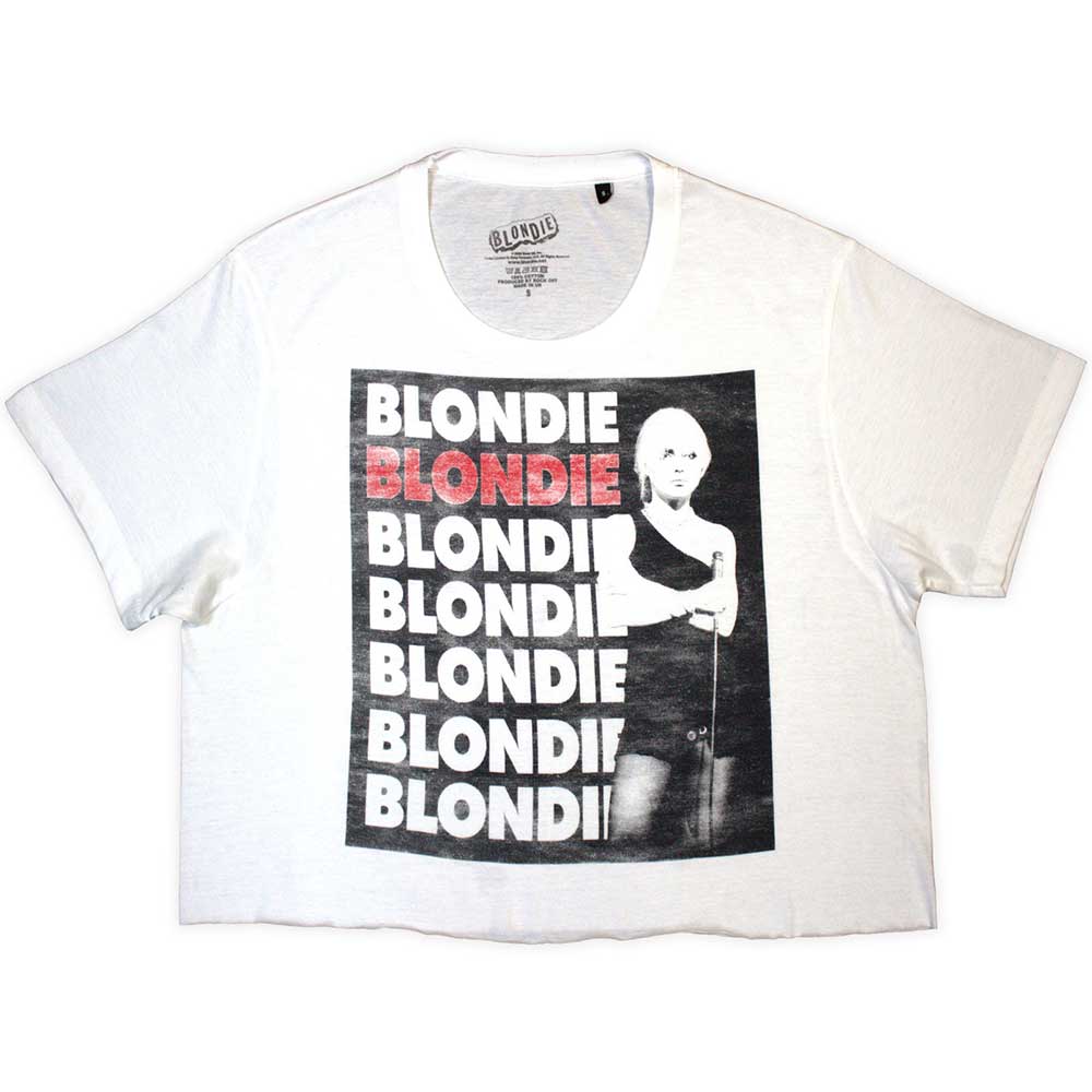 Blondie Ladies Crop Top: Stacked Logo (White)