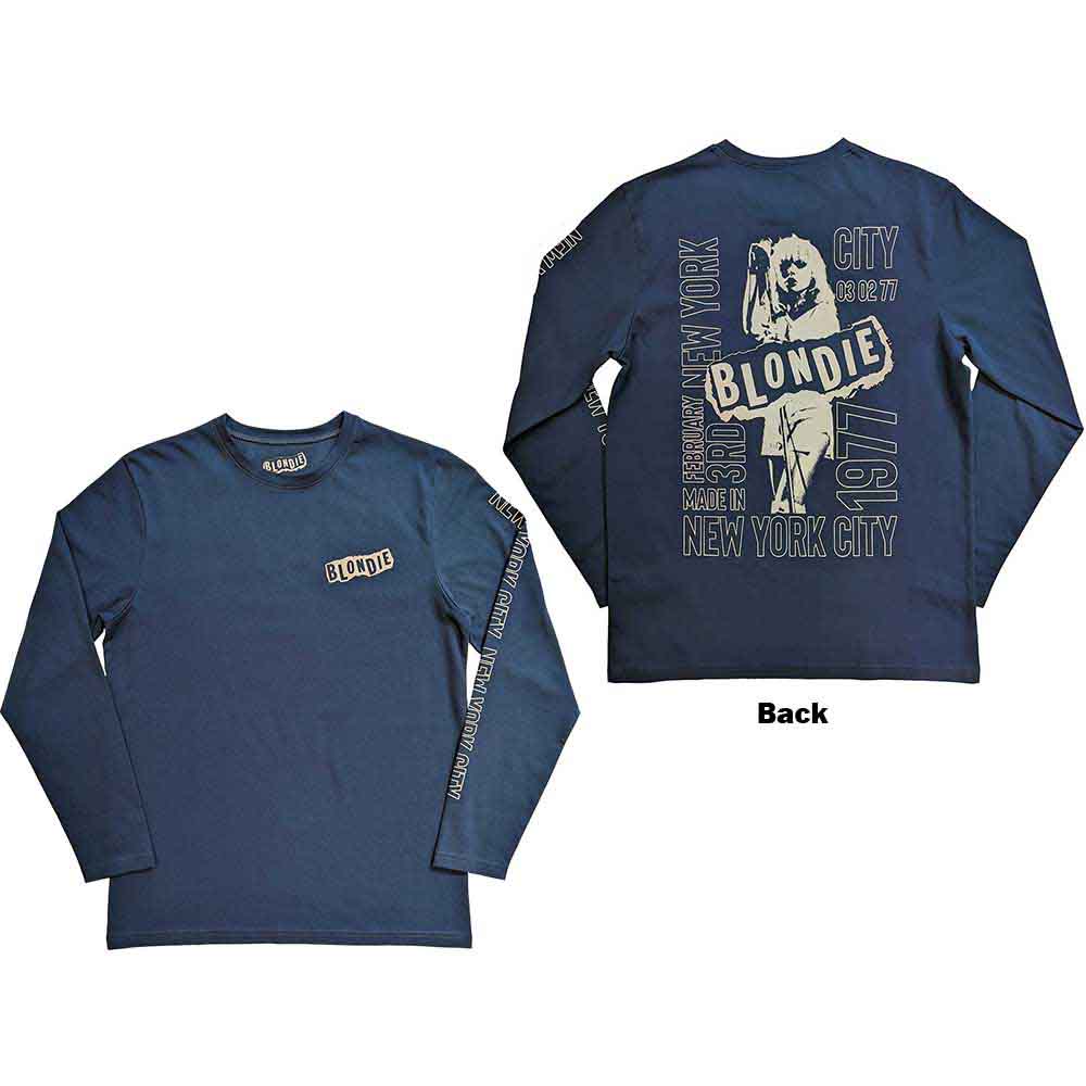 Blondie Unisex Long Sleeve T-Shirt: NYC '77 (Denim Blue) (Back & Sleeve Print)