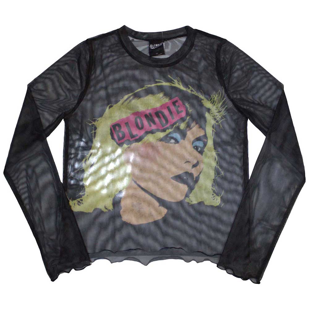 Blondie Ladies Long Sleeve Crop Top: Punk Poster (Black) (Mesh)