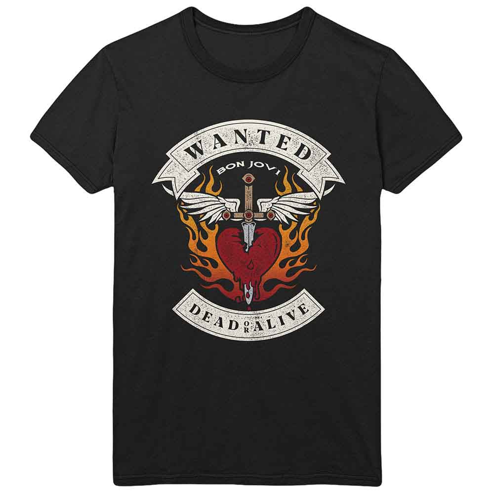 Bon Jovi Unisex T-Shirt: Wanted Flames (Black)