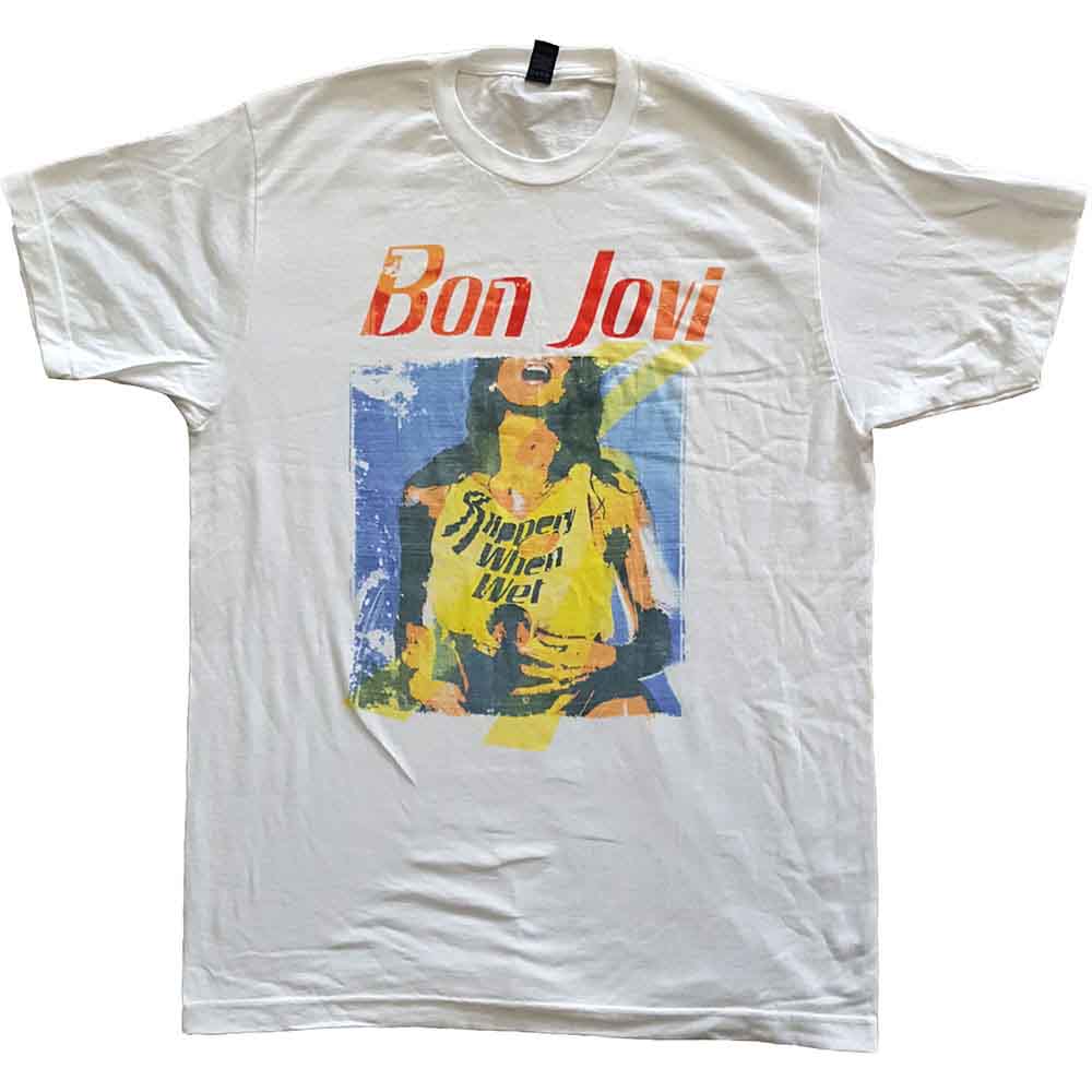 Bon Jovi Unisex T-Shirt: Slippery When Wet Original Cover (White)