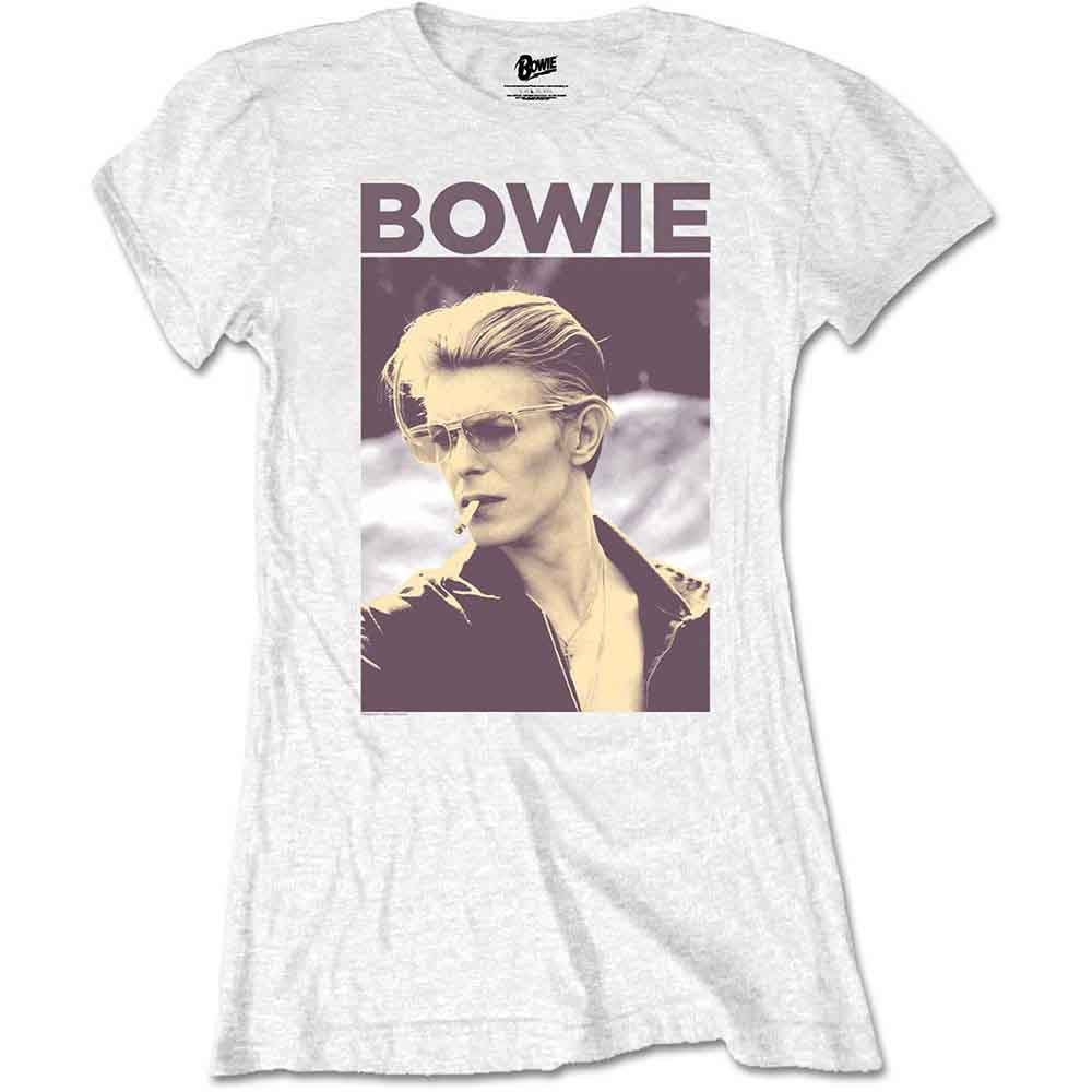 David Bowie Ladies Retail Pack T-Shirt: Smoking (White)