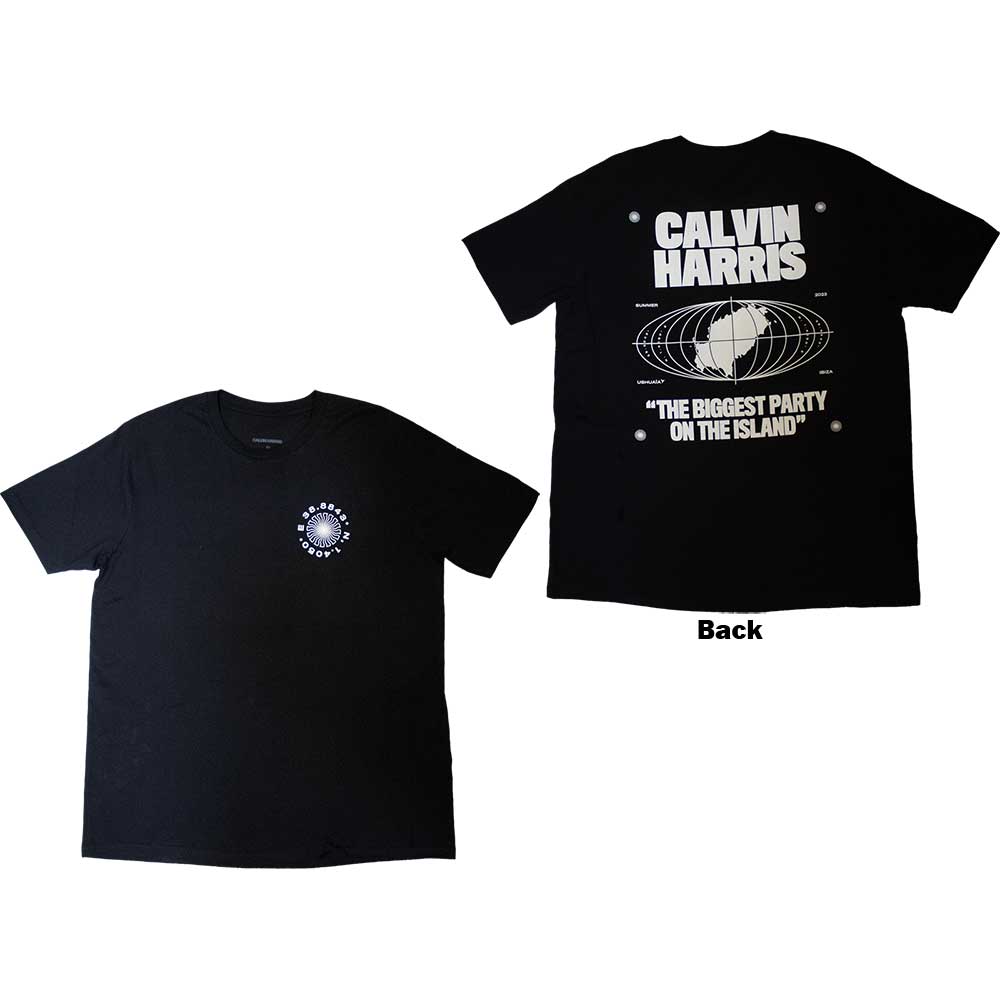 Calvin Harris Unisex T-Shirt: Ibiza Map (Black) (Back Print & Ex-Tour) (X-Large)