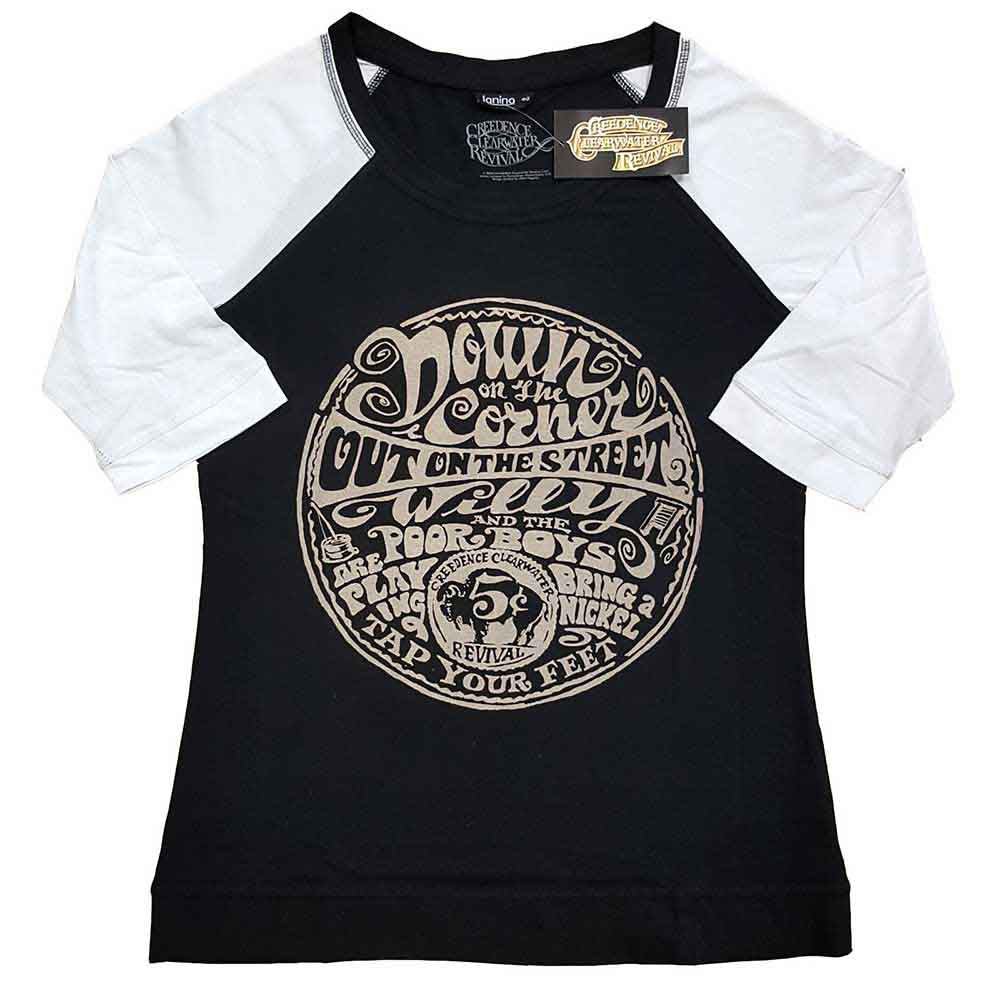 Creedence Clearwater Revival Ladies Raglan T-Shirt: Down On The Corner (Black & White)