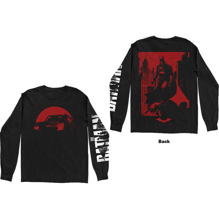 The Batman Red Car & Figure (Back & Sleeve Print) Unisex Long Sleeve T-Shirt | Batman