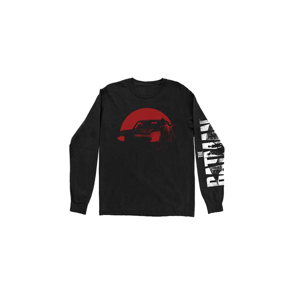 The Batman Red Car & Figure (Back & Sleeve Print) Unisex Long Sleeve T-Shirt | Batman