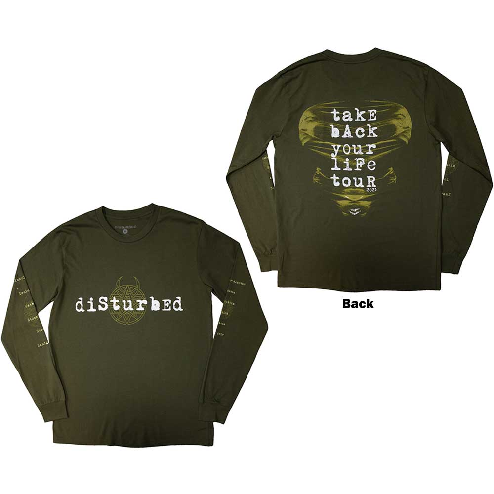 Disturbed Unisex Long Sleeve T-Shirt: European Tour '23 Take Back (Green) (Back Print & Ex-Tour)