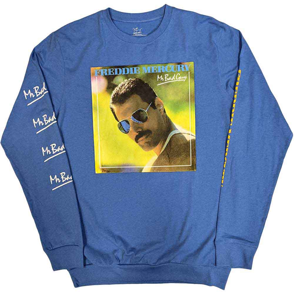 Freddie Mercury Unisex Long Sleeve T-Shirt: Mr Bad Guy (Blue) (Sleeve Print)