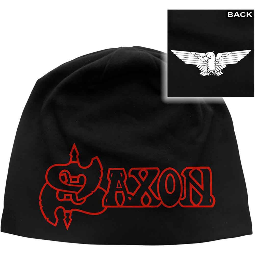 Saxon Unisex Beanie Hat: Logo & Eagle (Black) (Back Print)