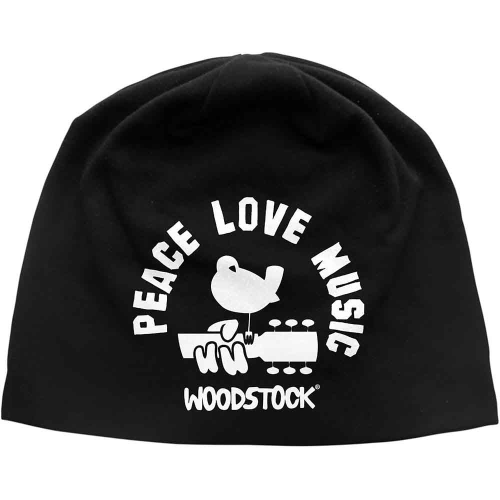 Woodstock Unisex Beanie Hat: Peace, Love, Music (Black)