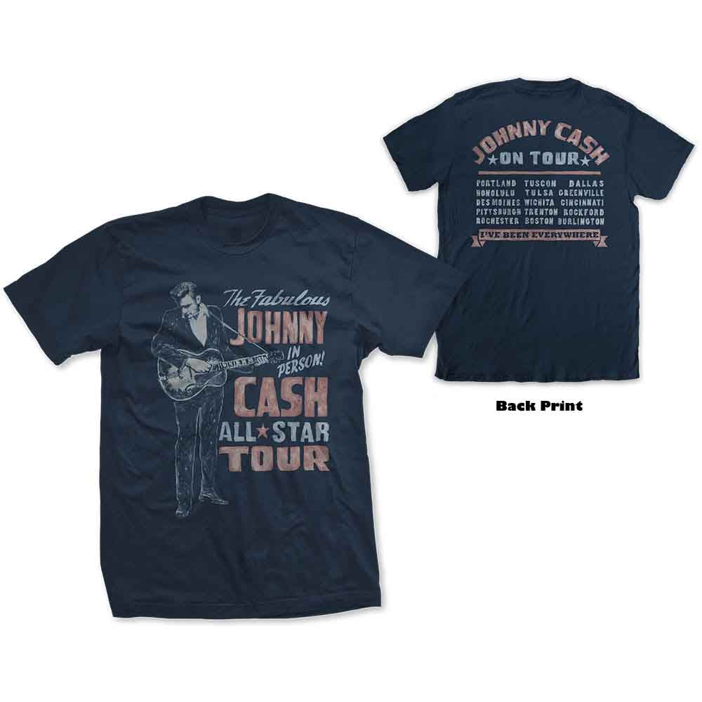 Johnny Cash Unisex T-Shirt: All Star Tour (Navy Blue) (Back Print)